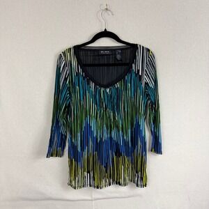 Axcess Liz Claiborne Womens Large V-Neck 3/4 Sleeve Abstract Stripe Mesh Top